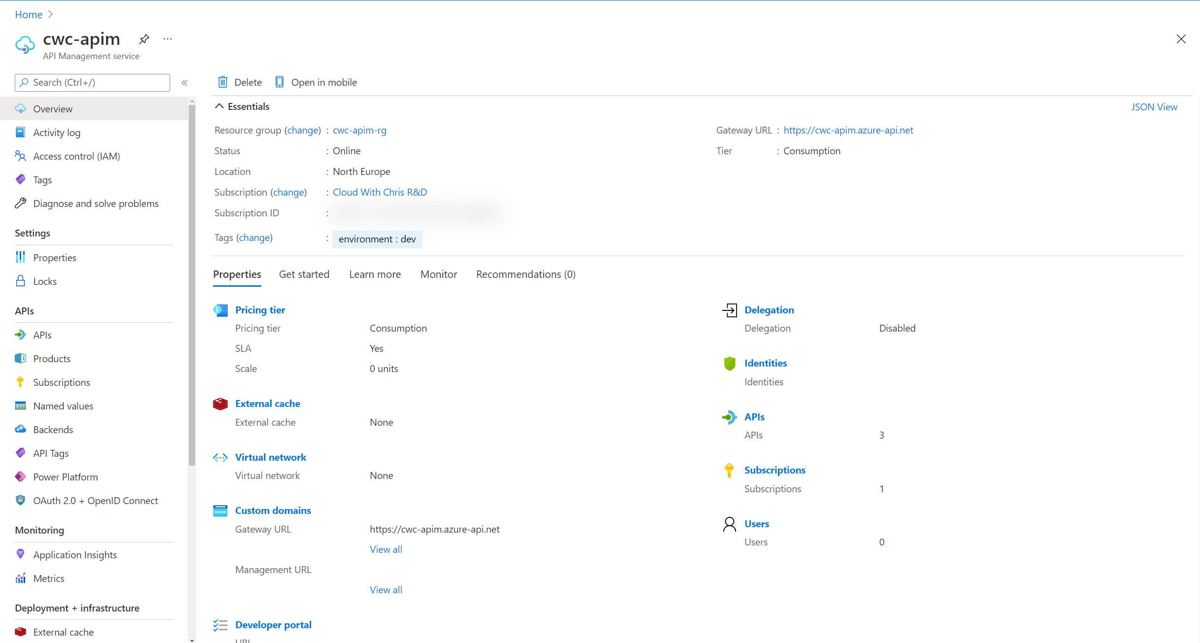 Screenshot showing the API Management Service Resource in the Azure Portal