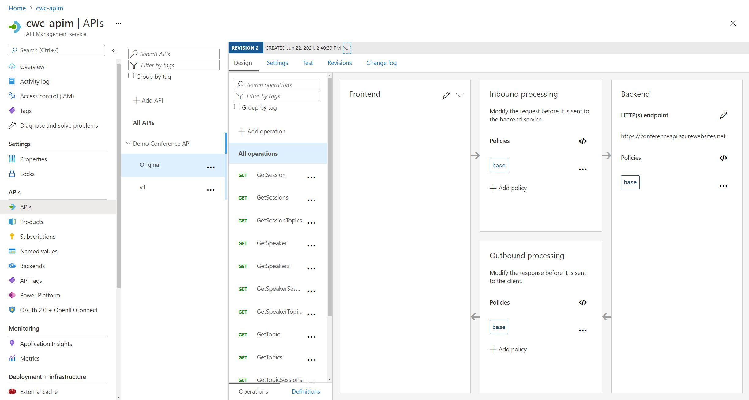 Screenshot showing two API versions available, and several API Operations