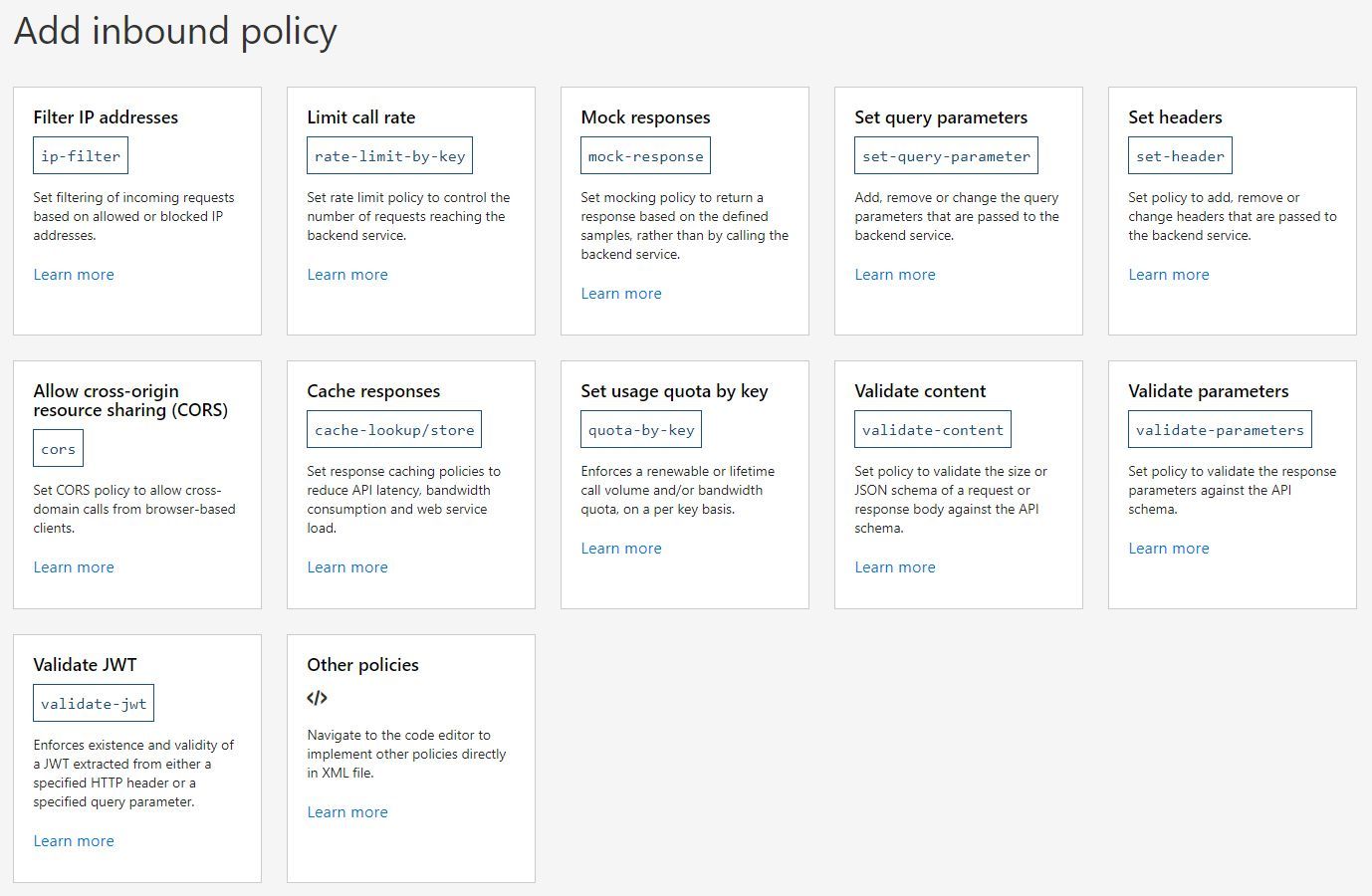 Screenshot showing the options available in the Azure Portal to add inbound policy to an API Operation or API