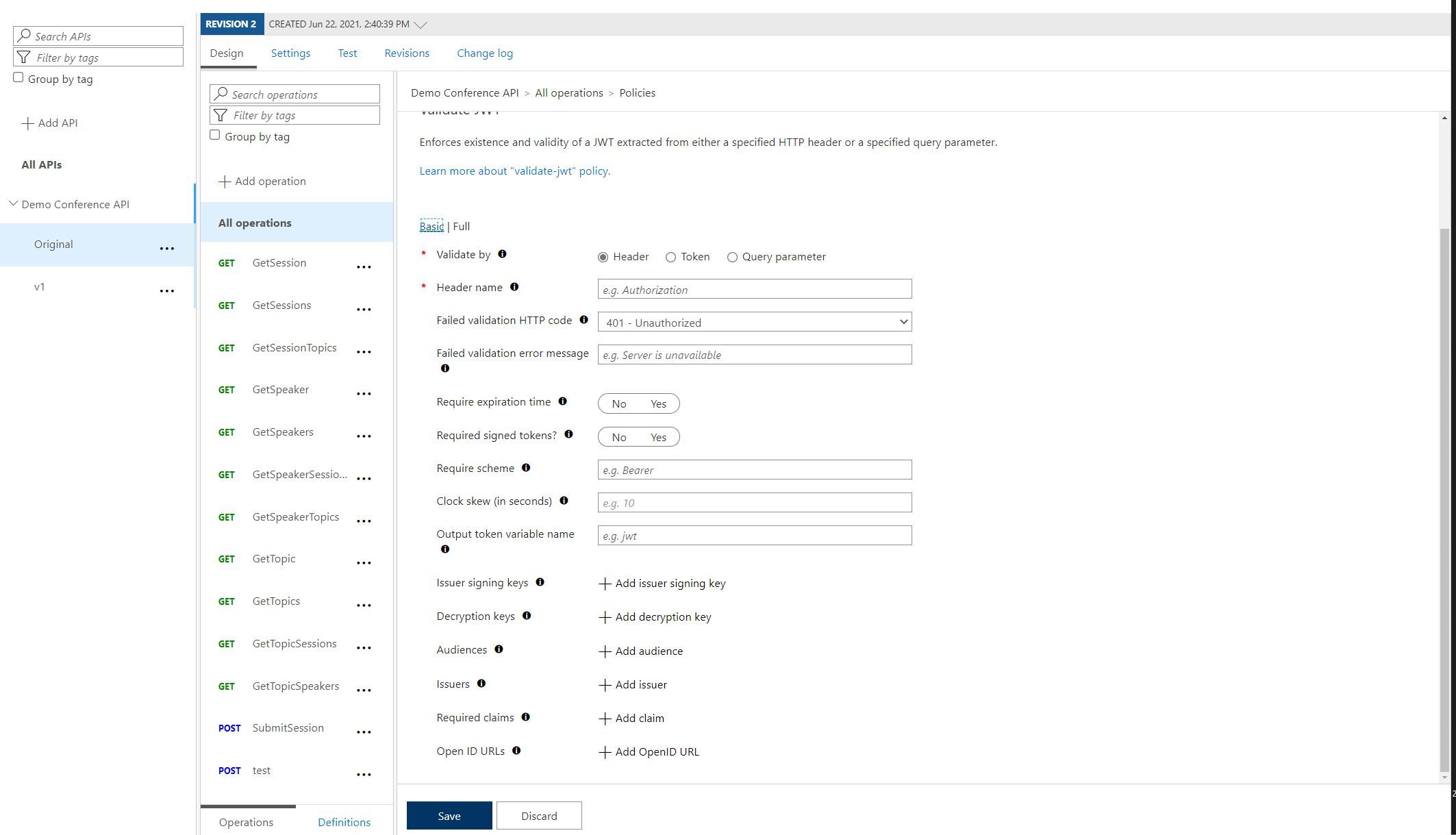 Screenshot showing an example API Management Policy configuration page for JWT Validation