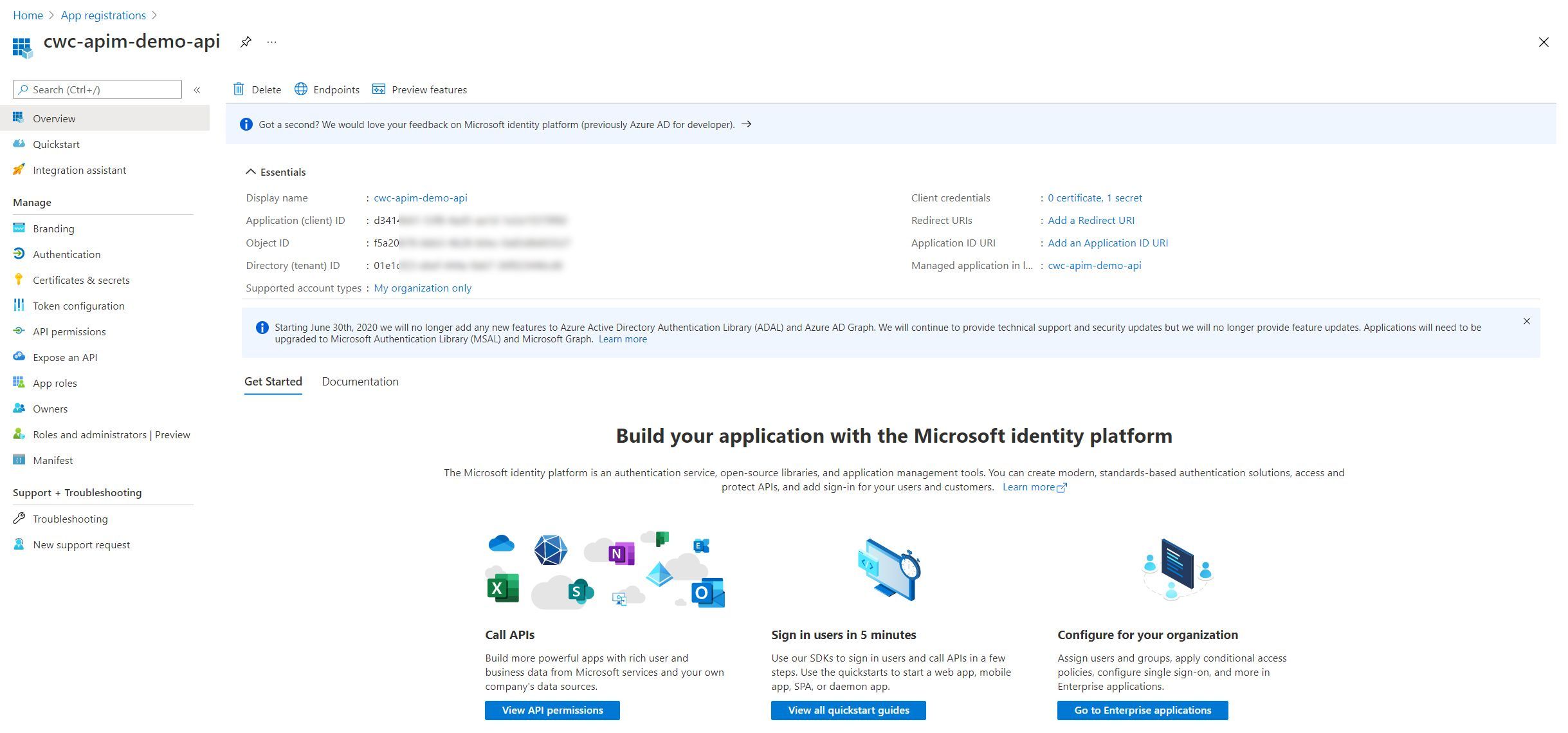 Screenshot showing the AAD Application Registration that was just created