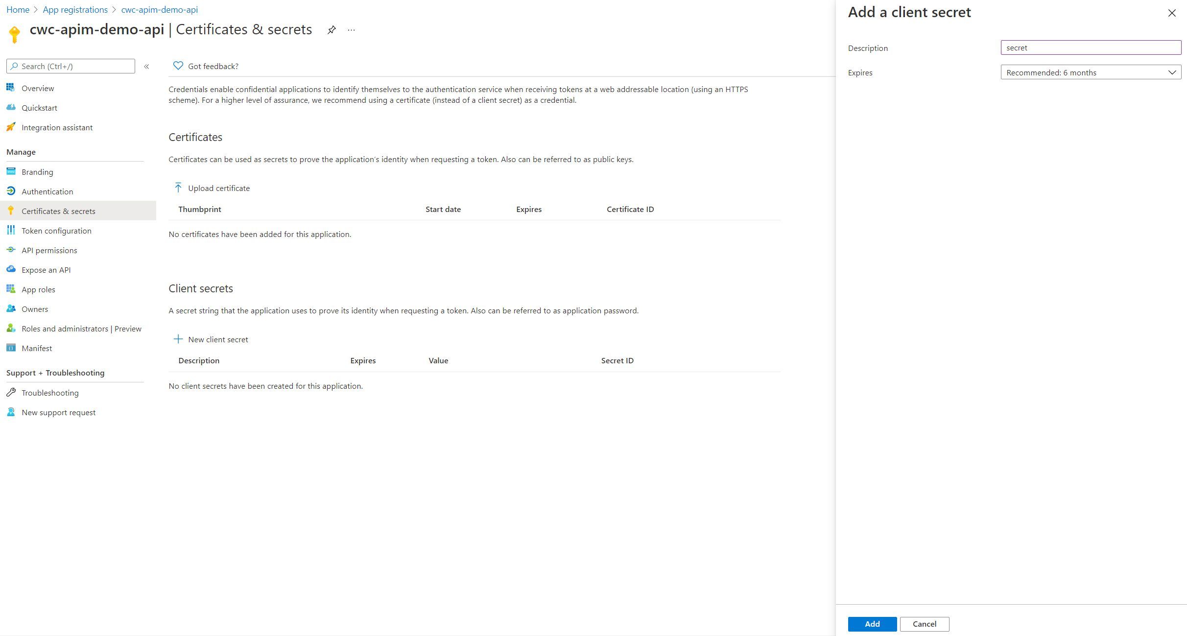 Screenshot showing the Certificates & Secrets Page of the AAD Application Registration that was just created
