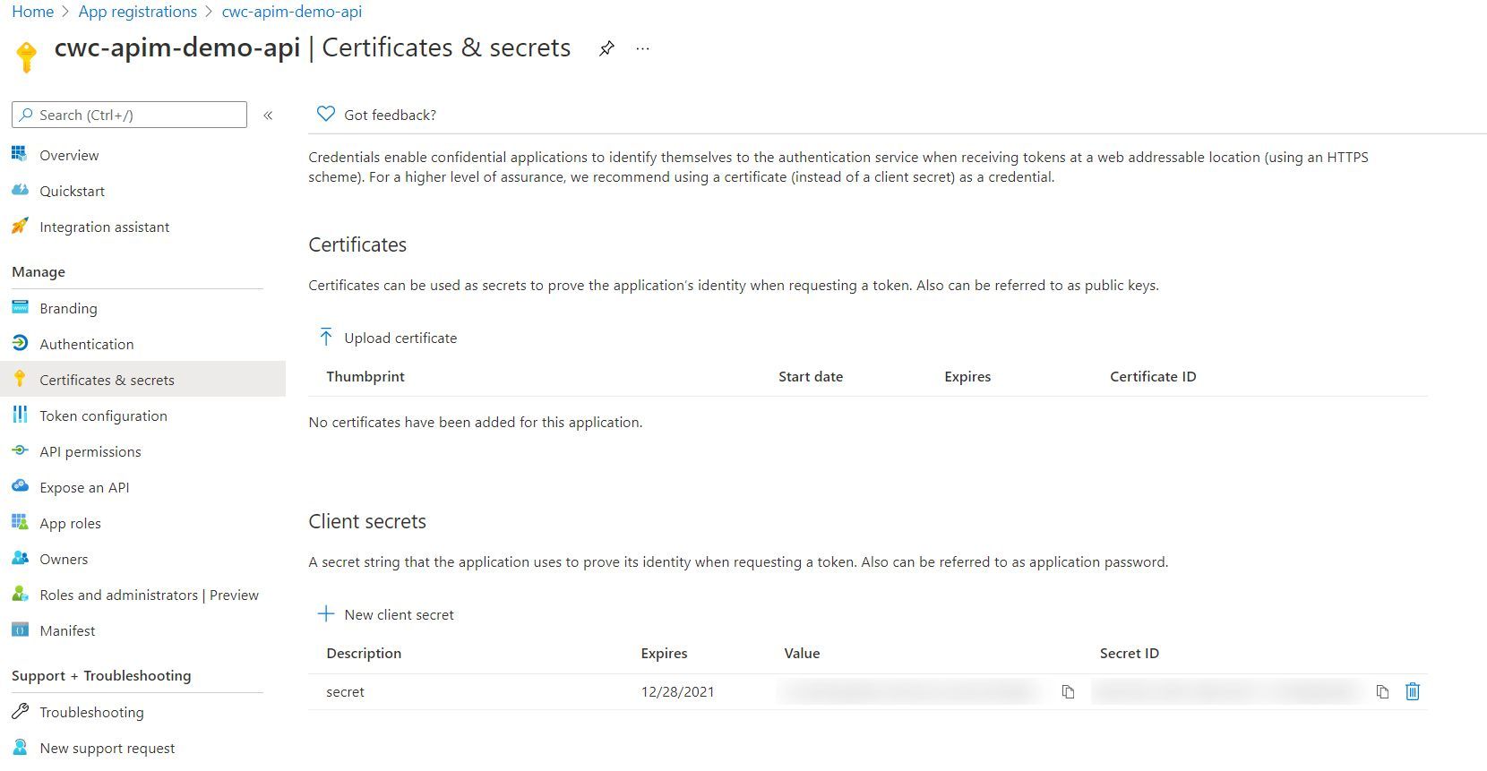 Screenshot showing the page which will display the Client Secret for our app registration