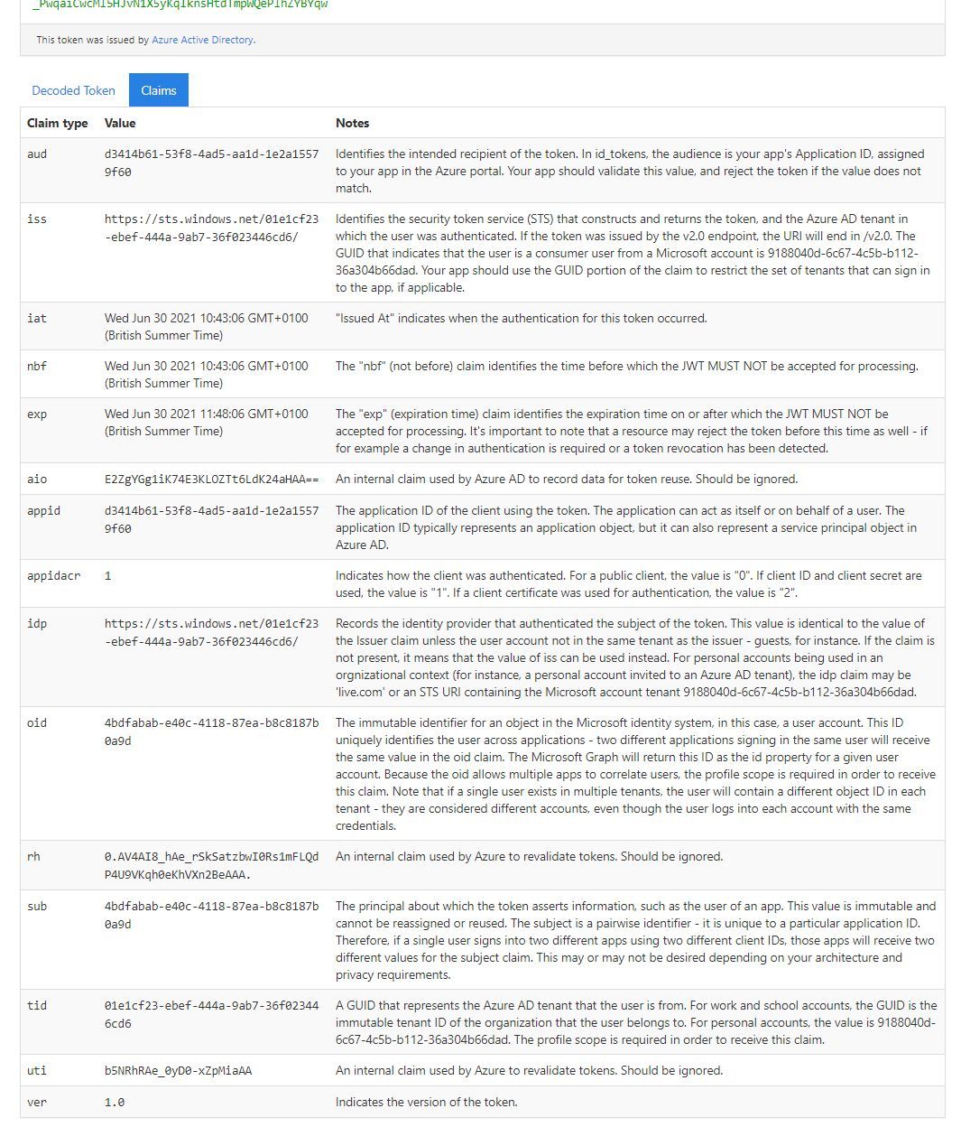 Screenshot showing output from JWT.MS on the claims from the access token