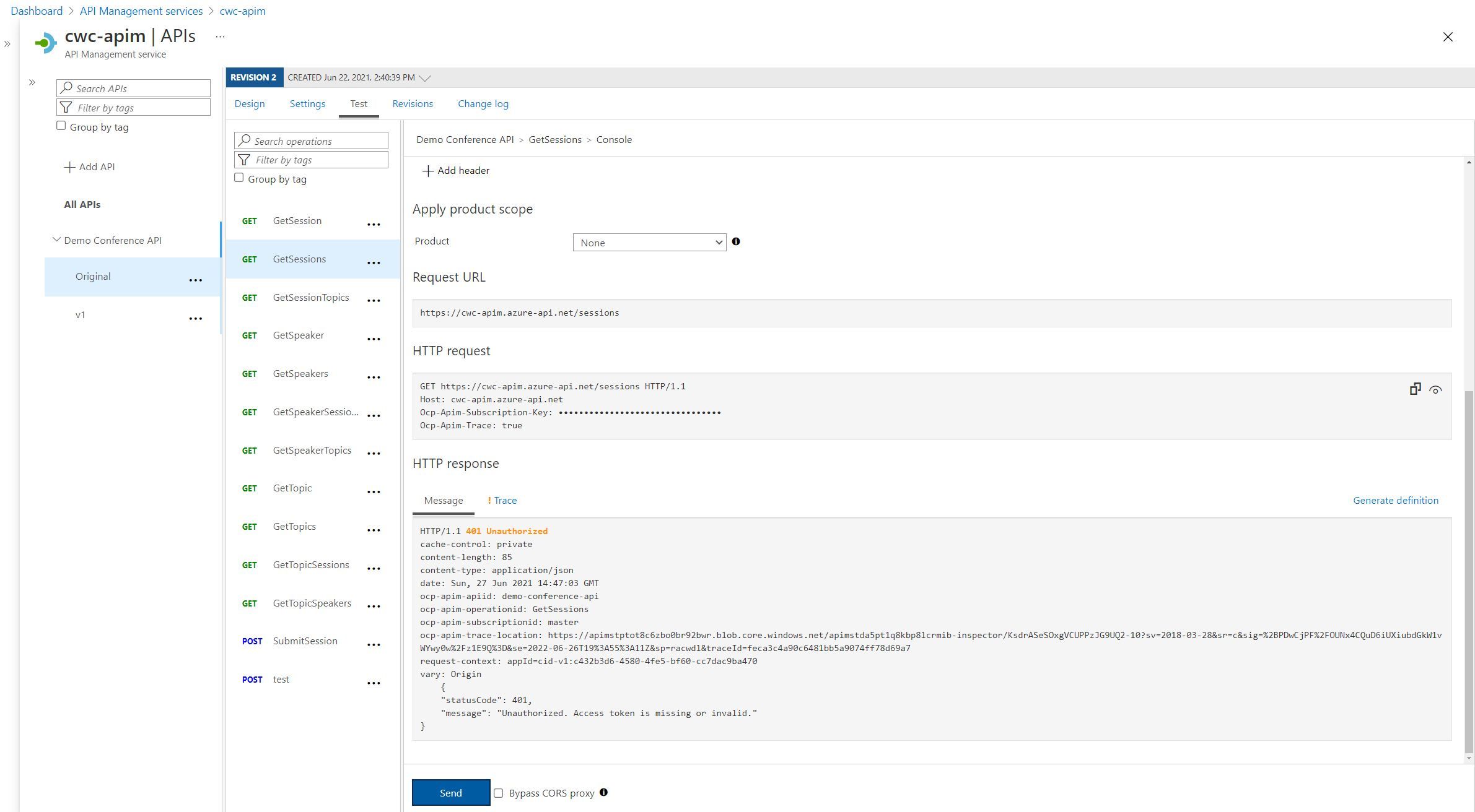 Screenshot showing the API Operation returning a 401 unauthorized without authorization