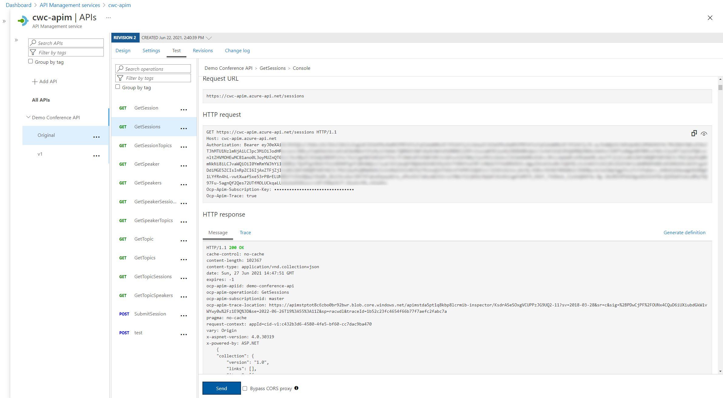 Screenshot showing API operation returning a 200 with correct authorization