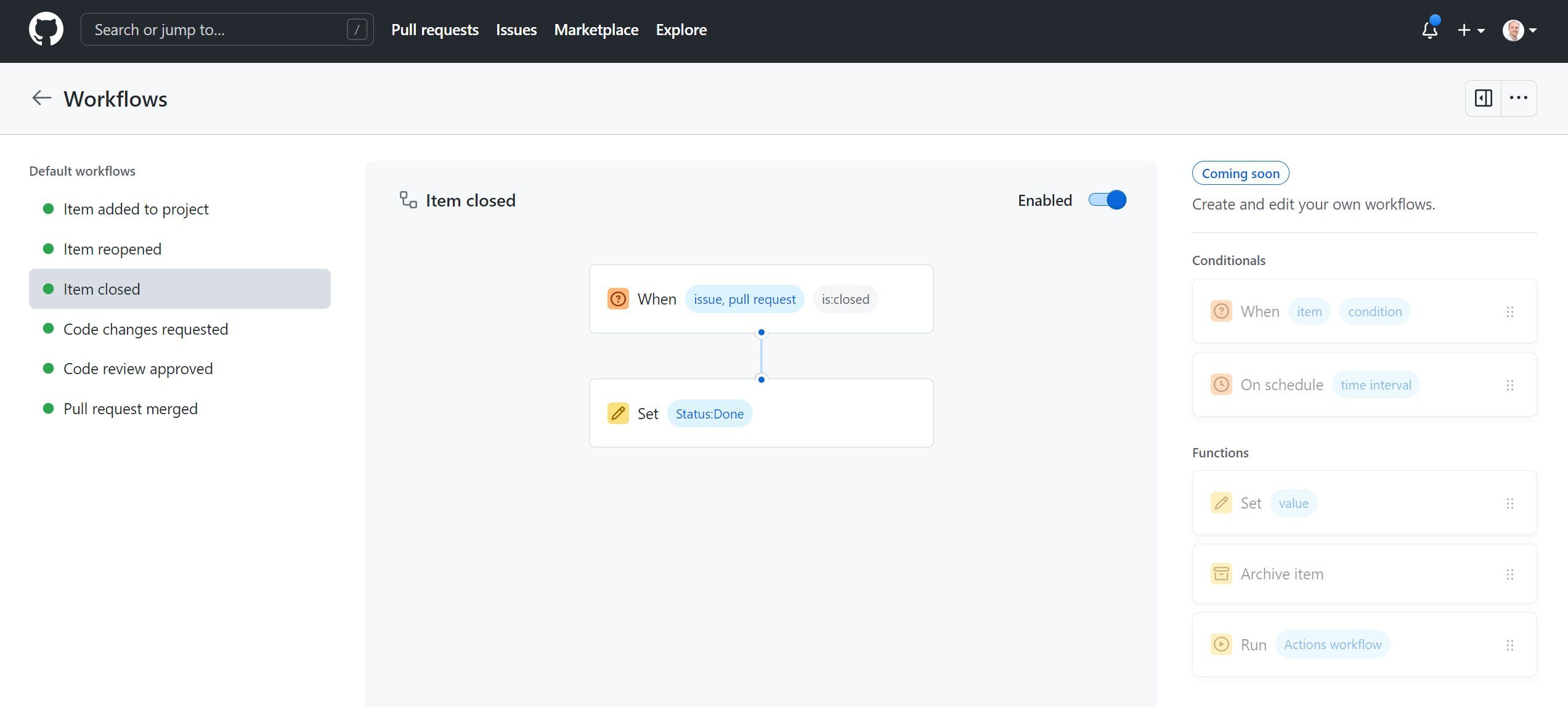 You can use GitHub Projects Workflows to set the status of your items or pull requests, based on state changes of those items.