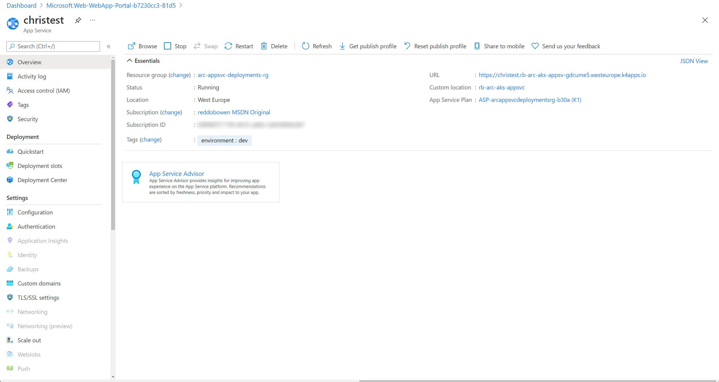 Screenshot showing the App deployed in the Azure Portal