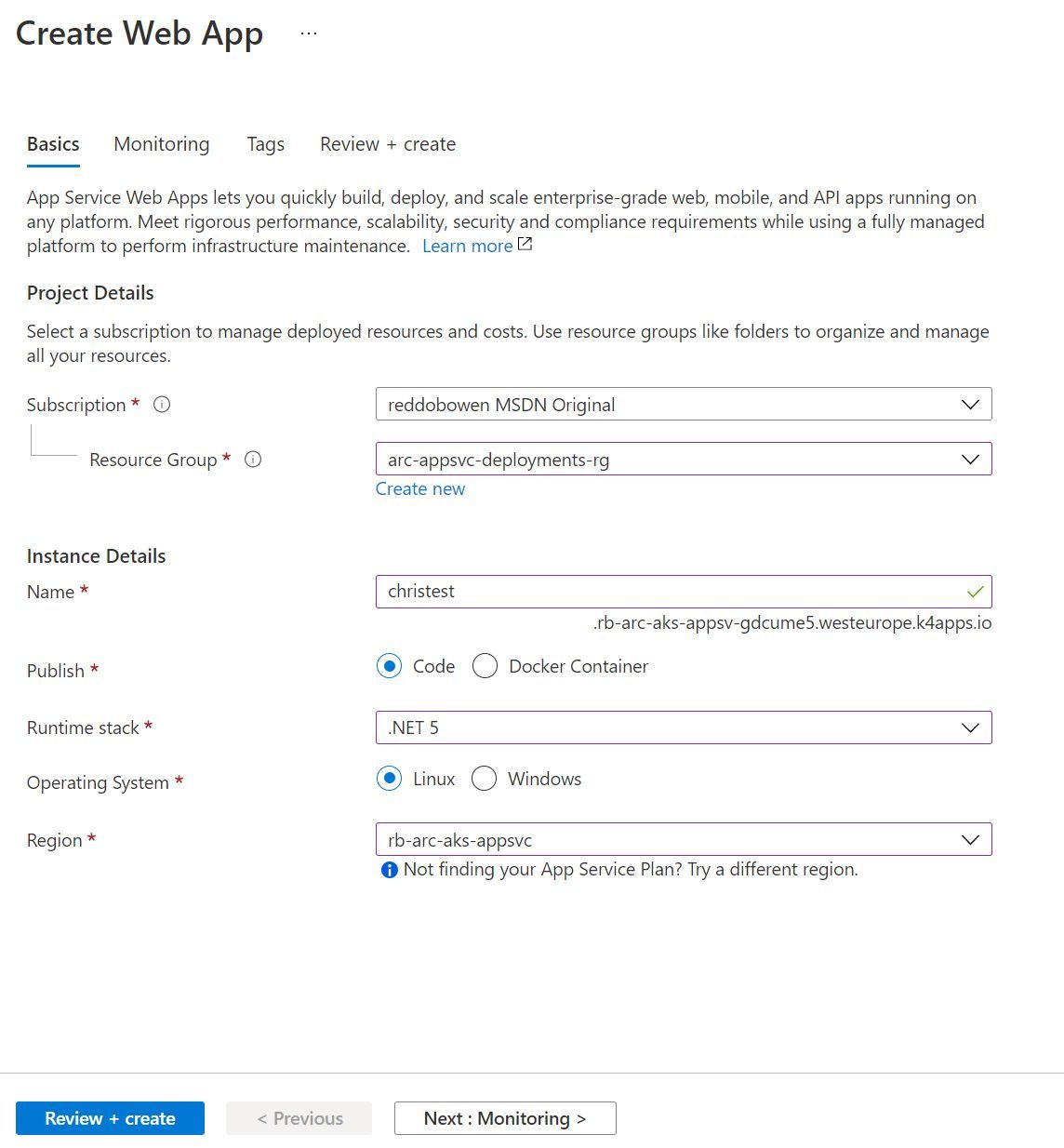 Screenshot showing the App Service creation experience for an App Service in an App Service Kubernetes environment