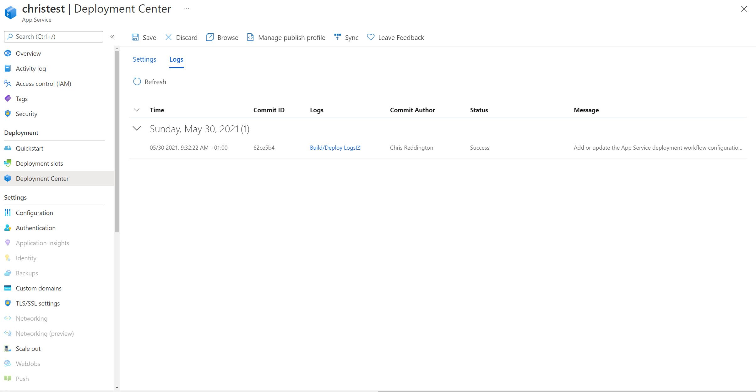 Screenshot showing the Deployment Center Logs Section for App Service on Kubernetes through Azure Portal