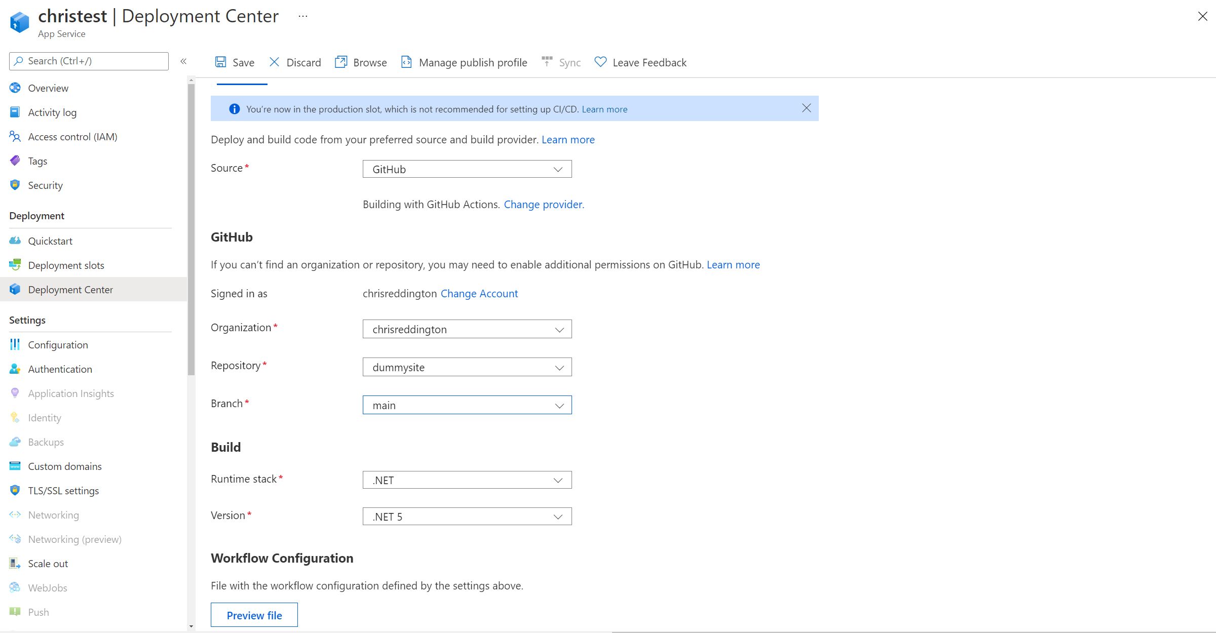 Screenshot showing the Deployment Center Functionality for App Service on Kubernetes through Azure Portal