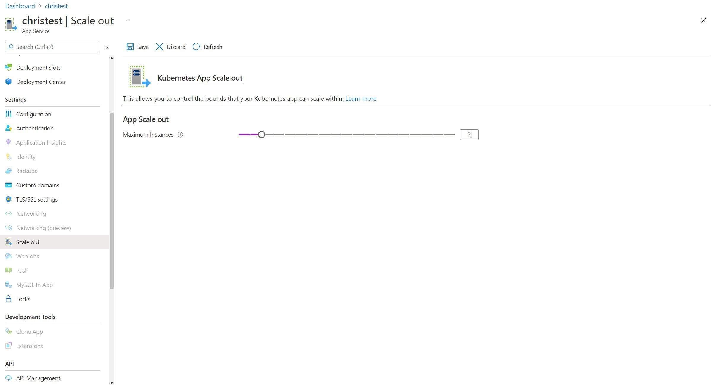 Screenshot showing the Scaling out Functionality for App Service on Kubernetes through Azure Portal