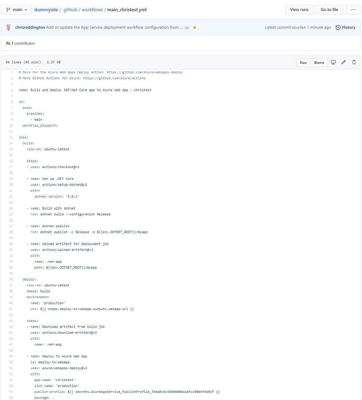 Screenshot showing a GitHub Action Workflow setup automatically by App Service's Deployment Center functionality