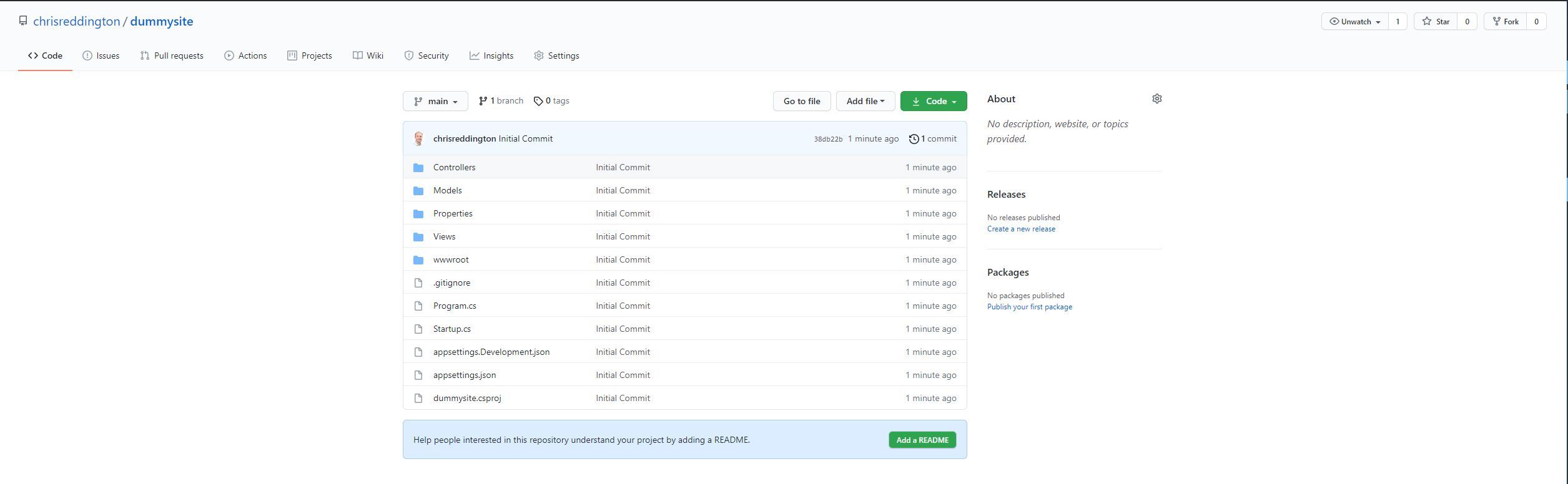 Screenshot showing a basic .NET 5 MVC Application in GitHub