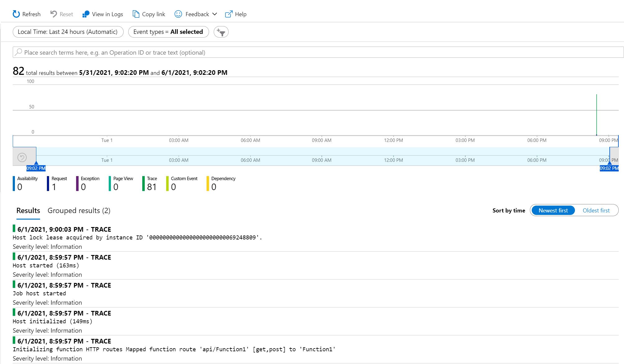 Screenshot showing the App Insights output for a Function App in an Application Service Kubernetes Environment