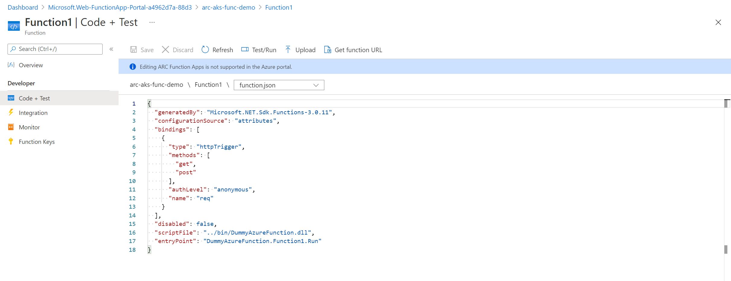 Screenshot showing the summary of a function within our Function App