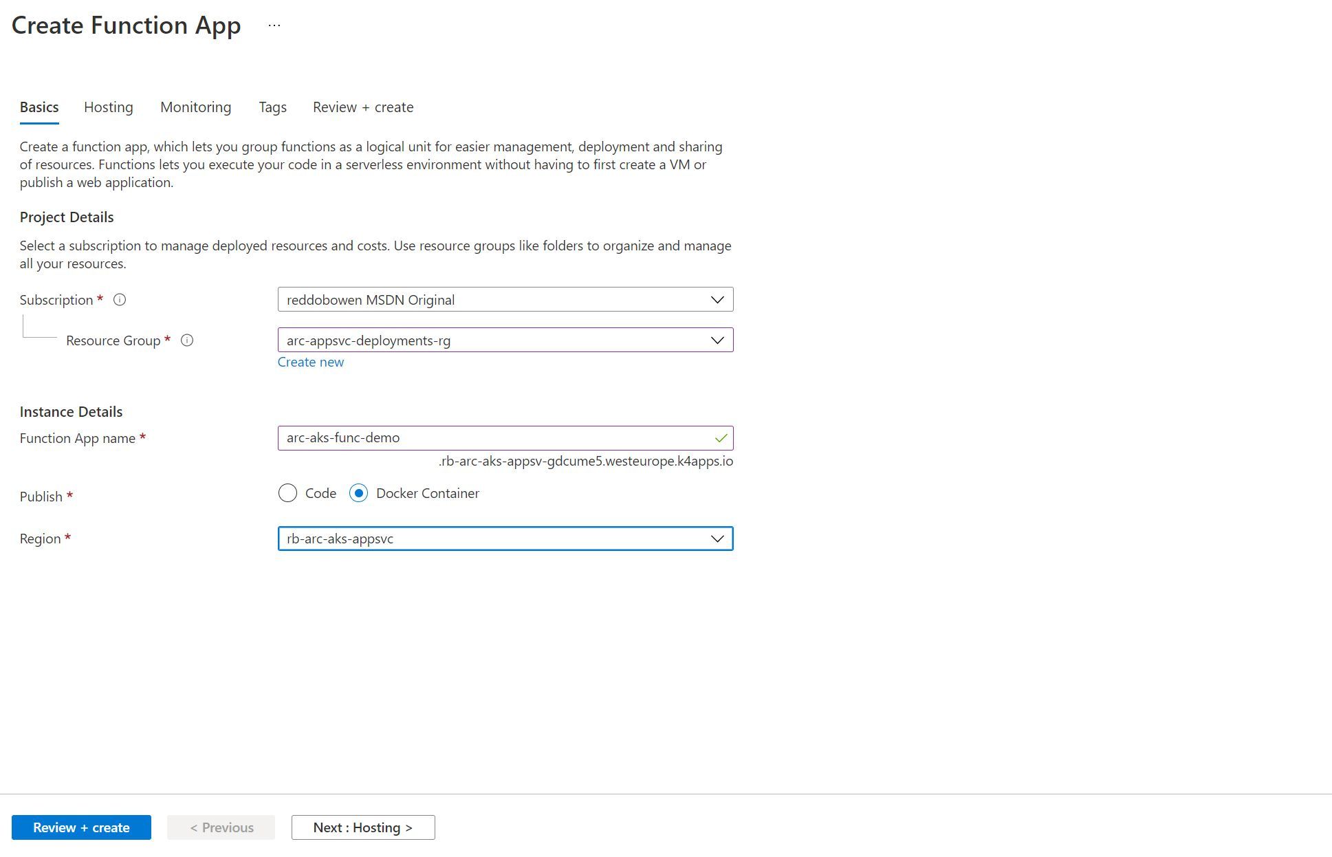Screenshot showing the Azure Functions create experience on an Arc-Enabled Kubernetes Cluster through Azure Portal