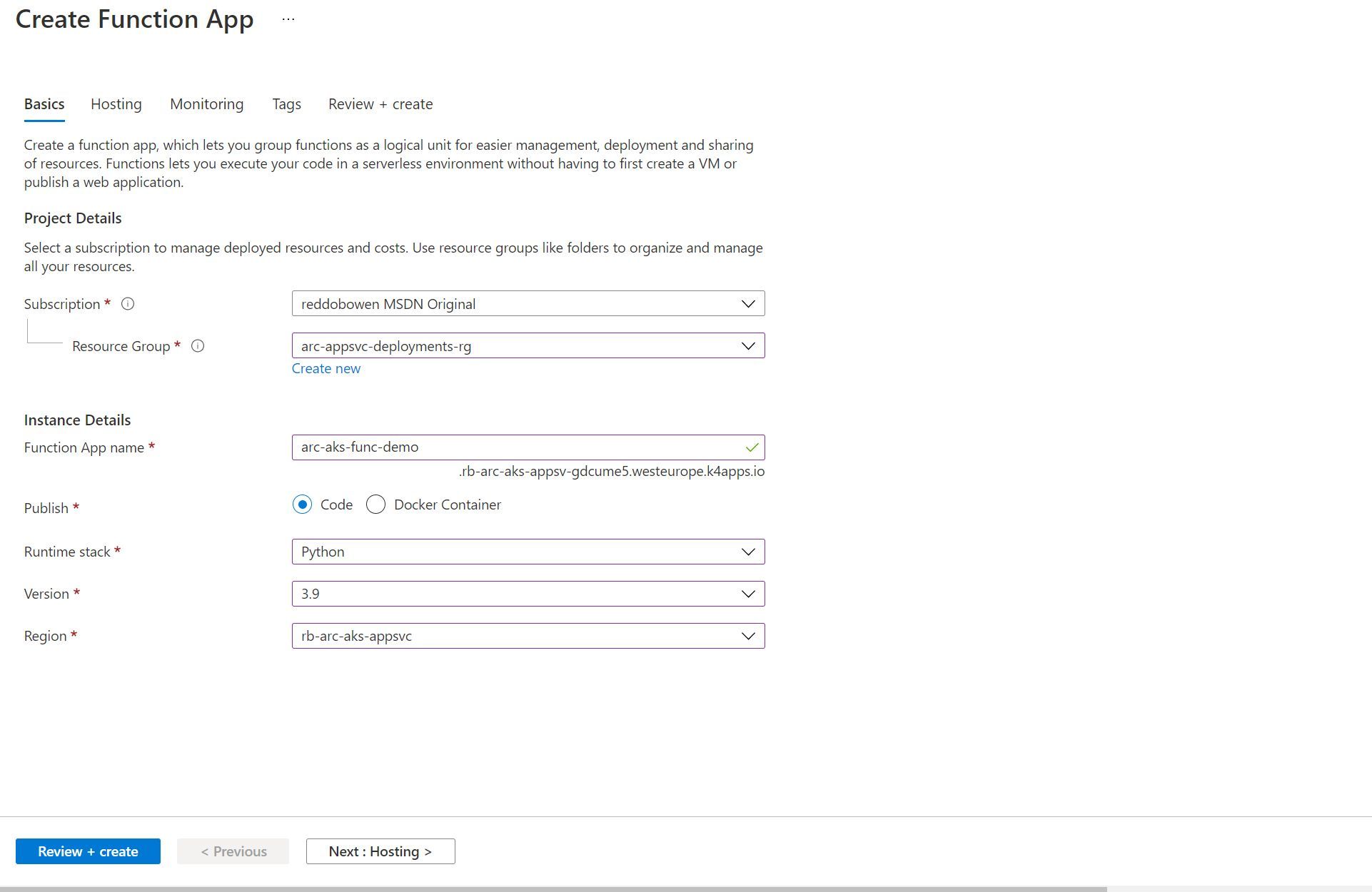 Screenshot showing the Azure Functions create experience on an Arc-Enabled Kubernetes Cluster through Azure Portal