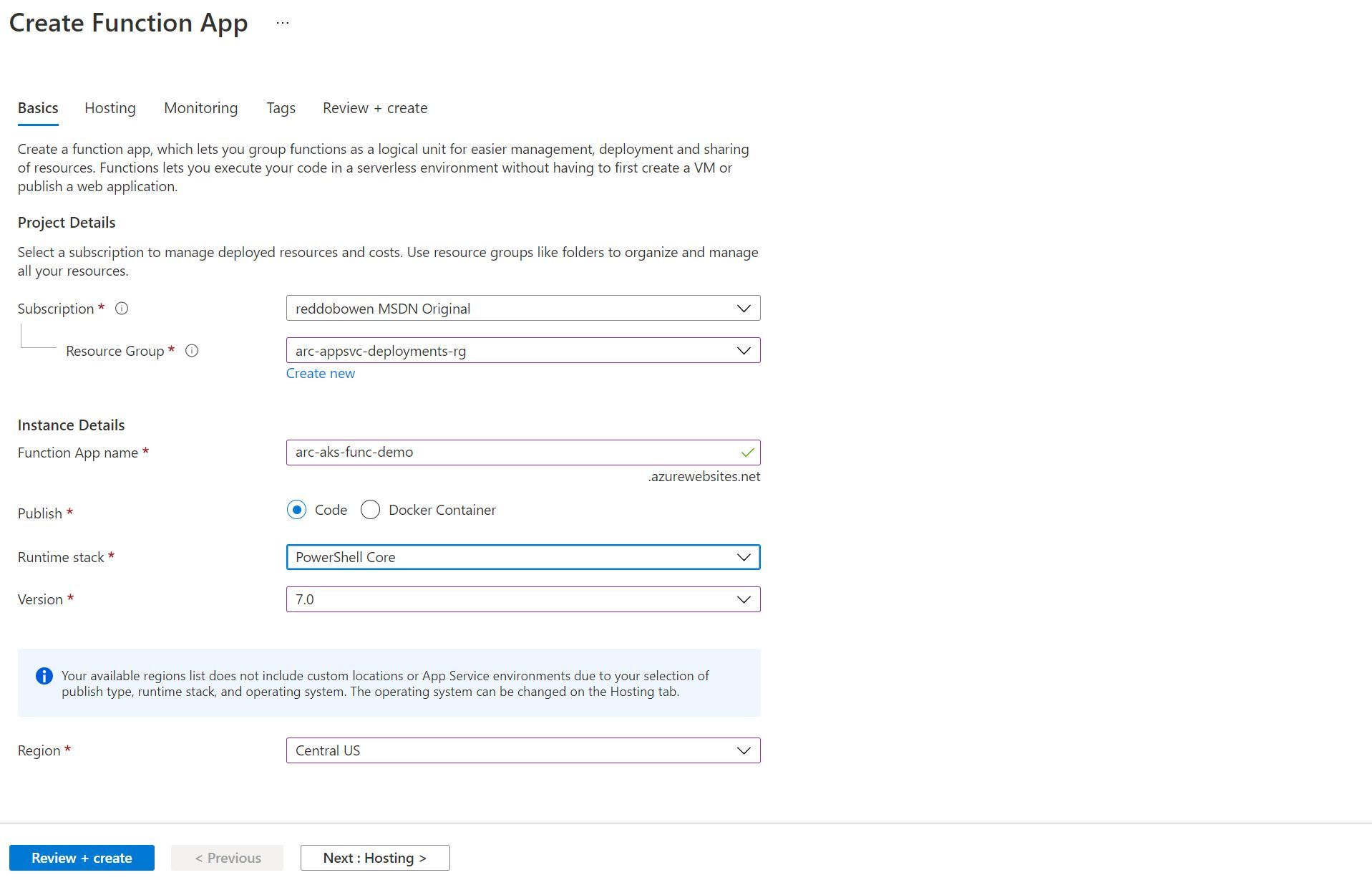 Screenshot showing the Azure Functions create experience on an Arc-Enabled Kubernetes Cluster through Azure Portal