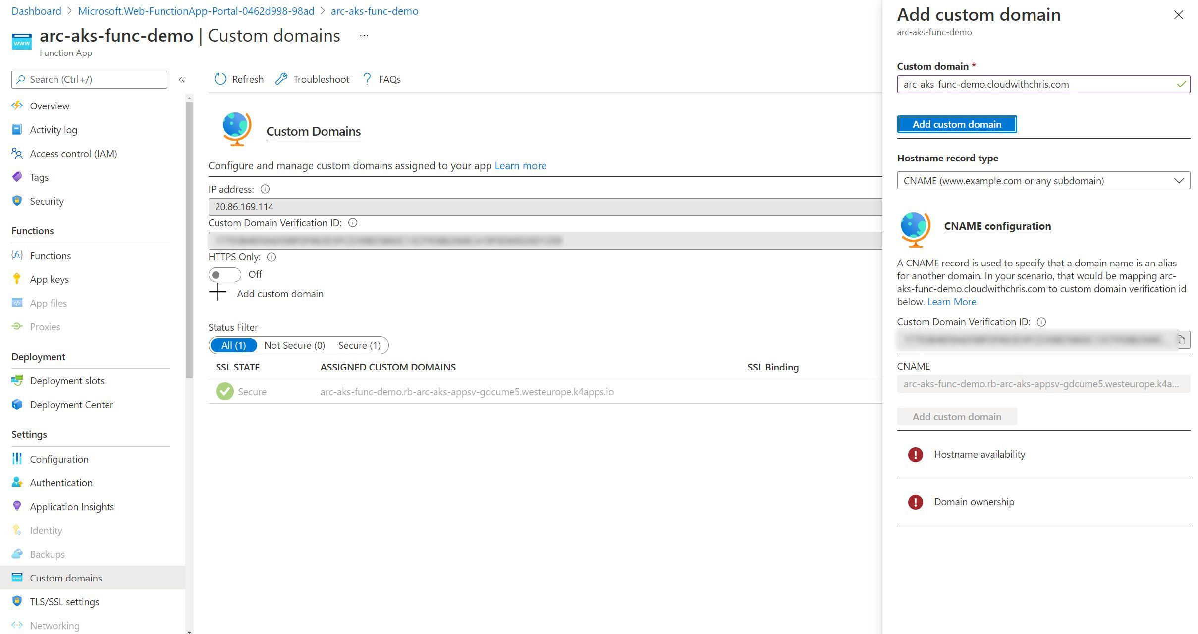 Screenshot showing the Custom Domain Validation for a Function App in an Application Service Kubernetes Environment