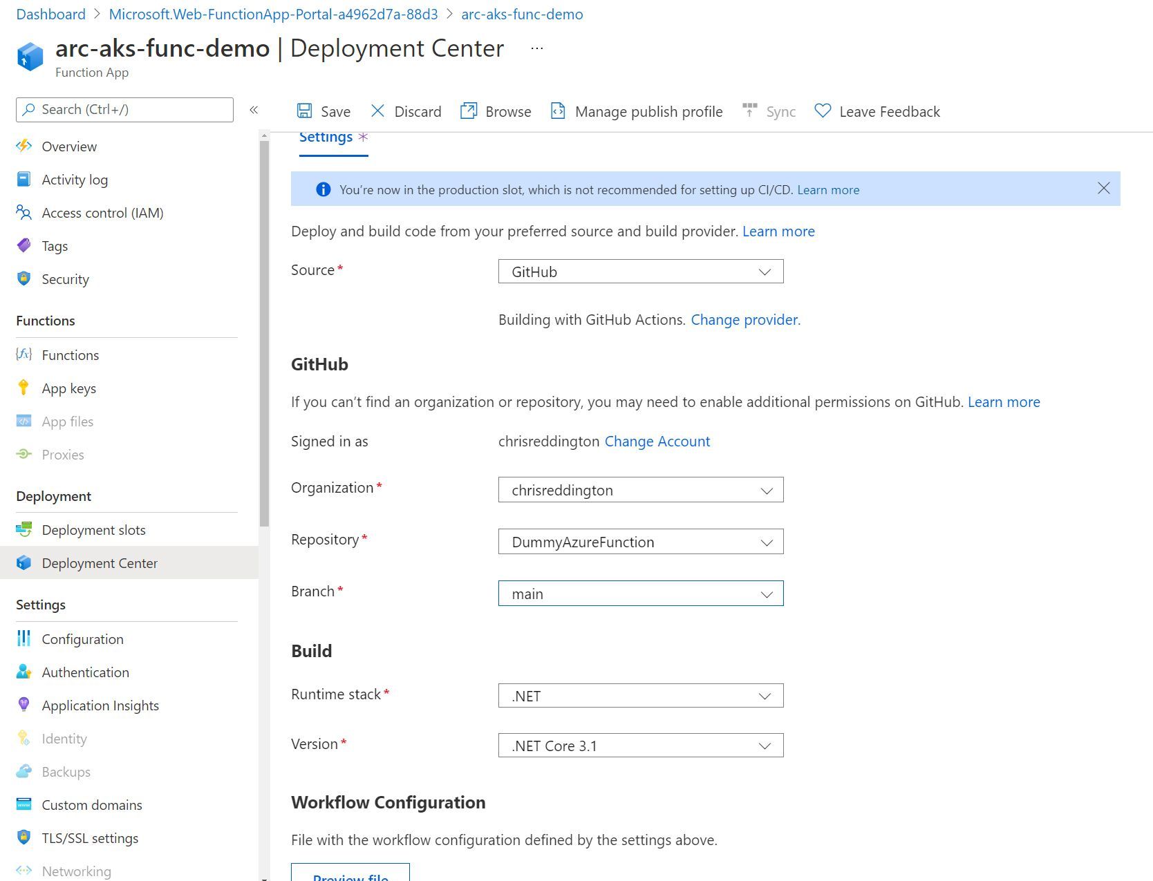 Screenshot showing a basic Azure Function in GitHub