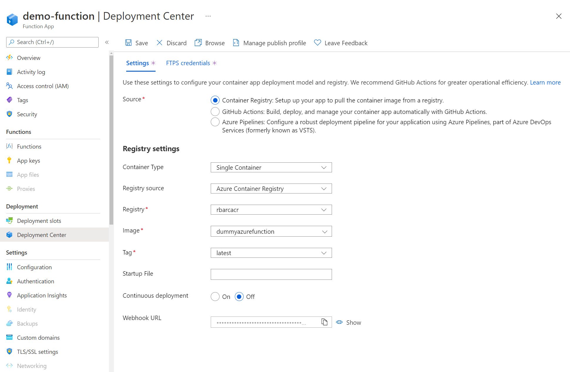 Screenshot showing the Deployment Center configuration for an Azure Function deployed using Docker