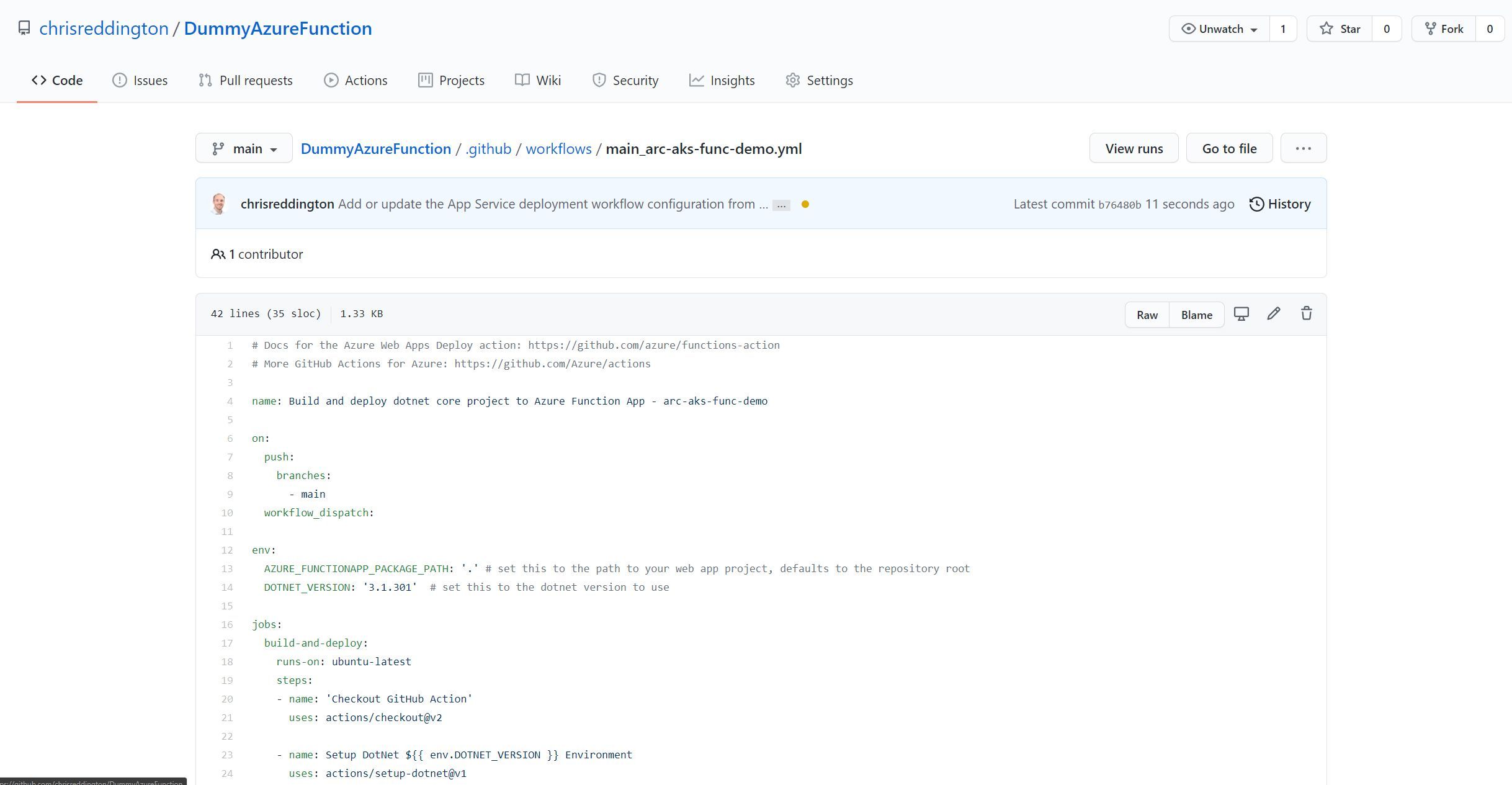 Screenshot showing a GitHub Action Workflow setup automatically by App Service's Deployment Center functionality
