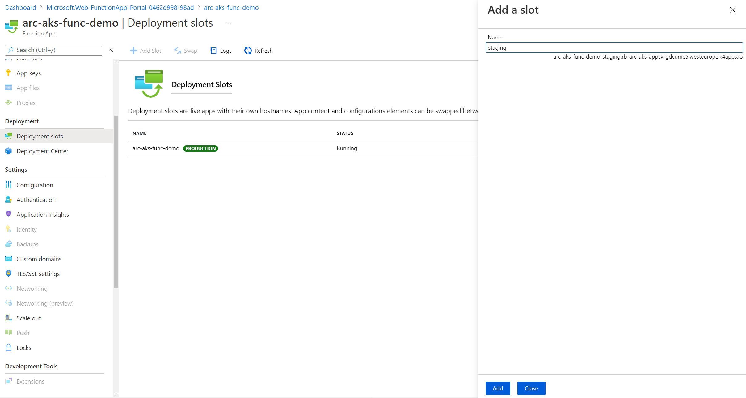 Screenshot showing the Deployment Slots Functionality for a Function App hosted in App Service on Kubernetes through Azure Portal