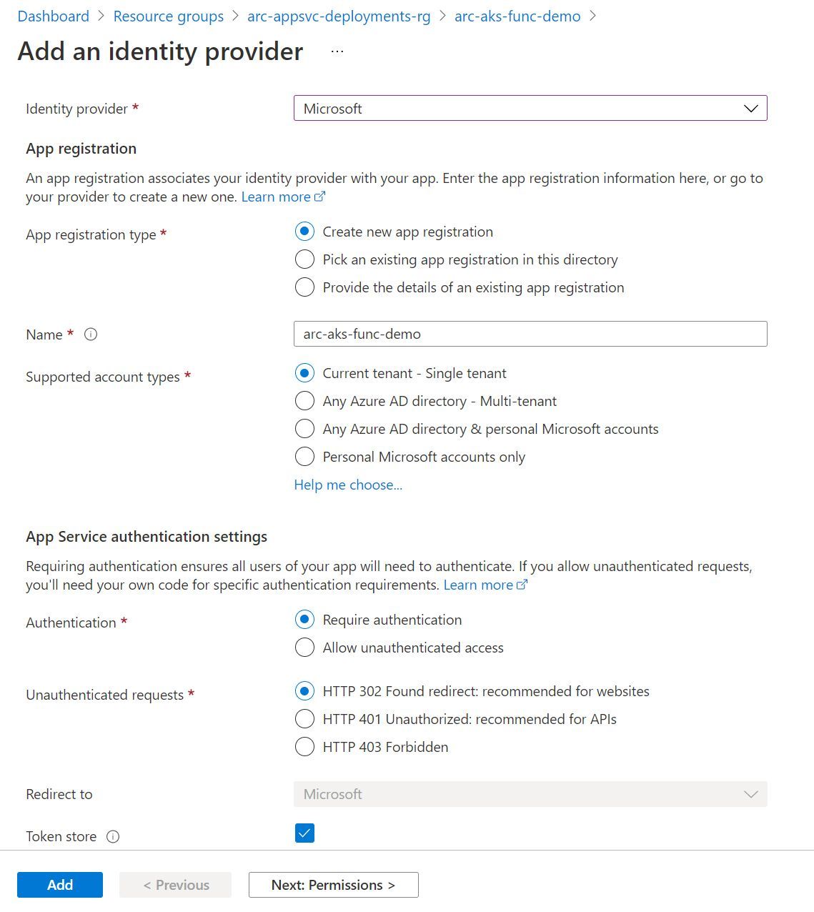 Screenshot showing the Easy Auth setup for Kubernetes on a Function App