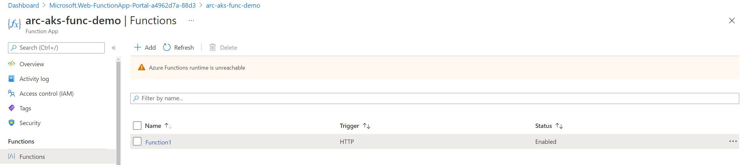Screenshot showing the list of functions deployed into the Function App