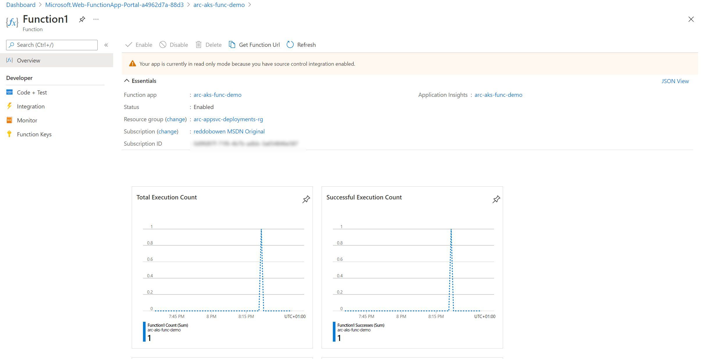 Screenshot showing the summary of a function within our Function App