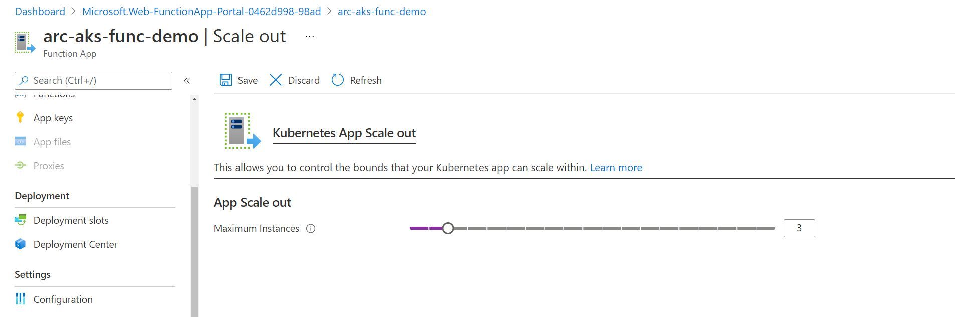 Screenshot showing the Scaling out Functionality for a Function App hosted in App Service on Kubernetes through Azure Portal