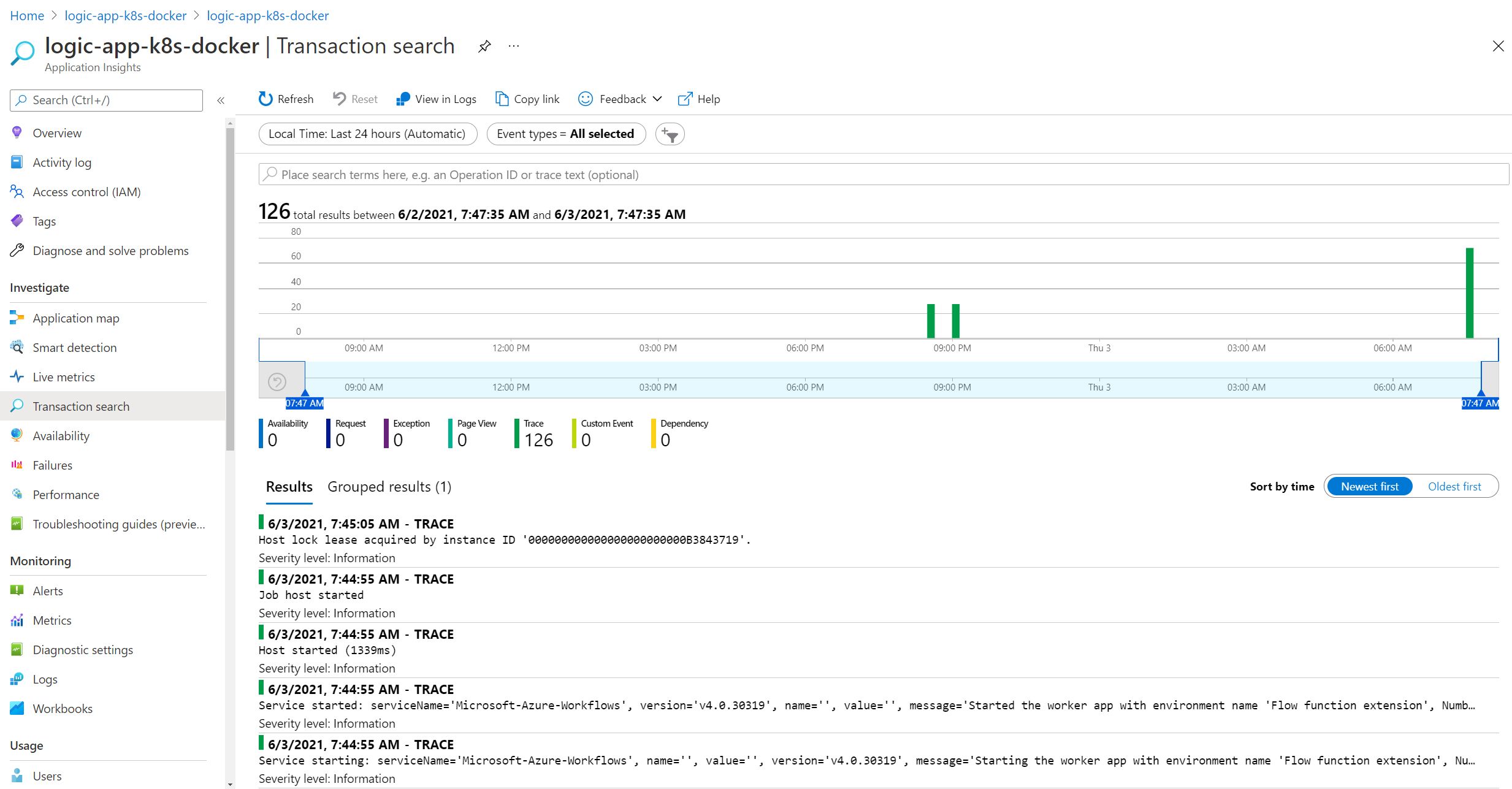 Screenshot showing the App Insights output a Logic App deployed using the Docker Method in an Application Service Kubernetes Environment