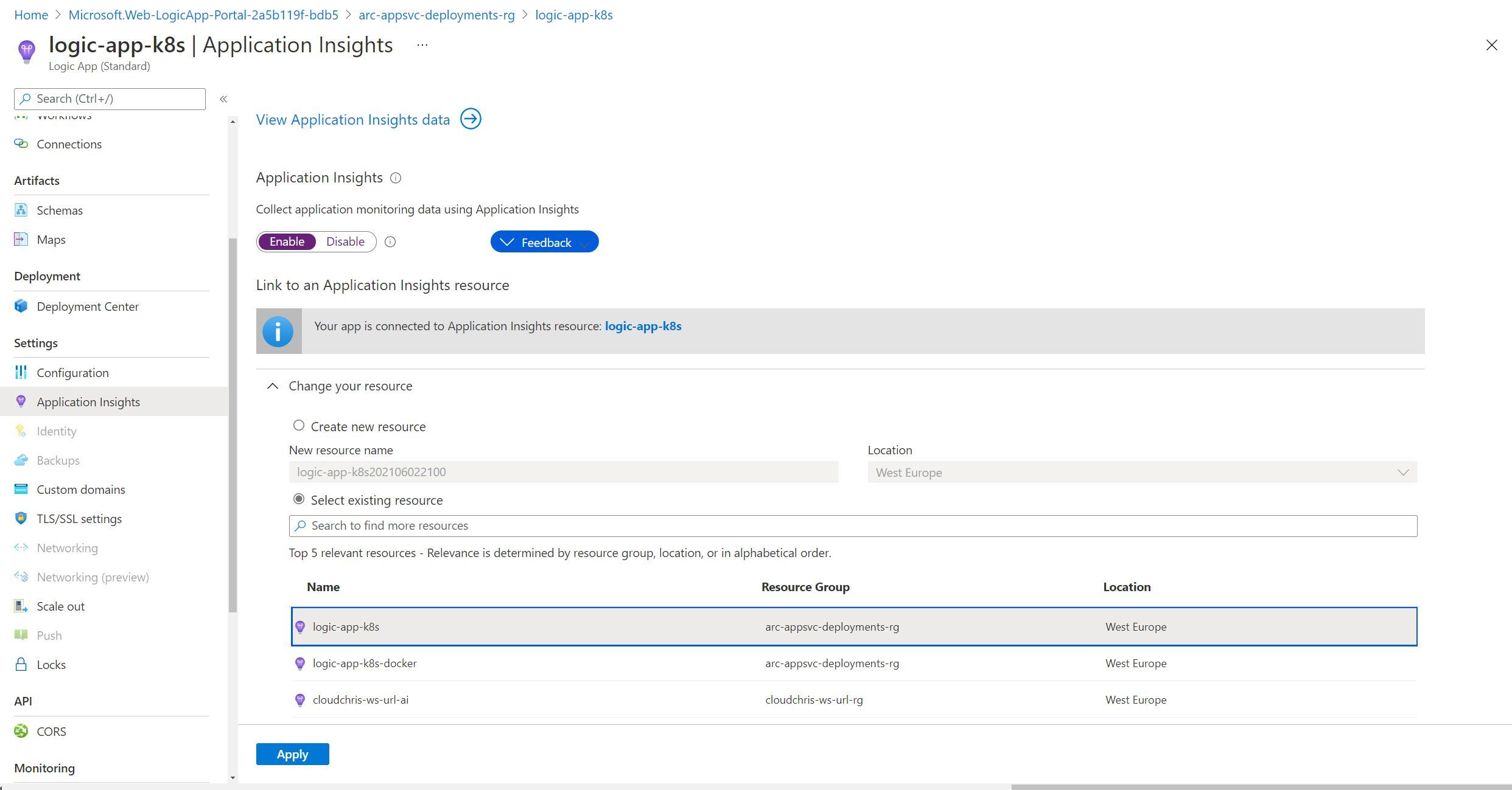 Screenshot showing the App Insights configuration experience for a Logic App in an Application Service Kubernetes Environment