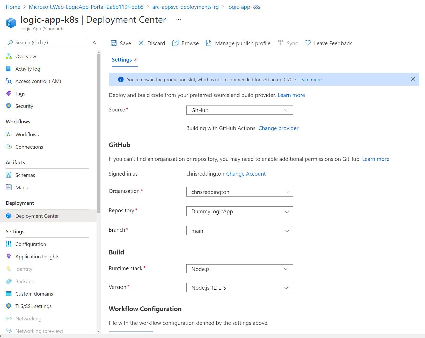 Screenshot showing the deployment center configuration for a Logic App (code) Resource