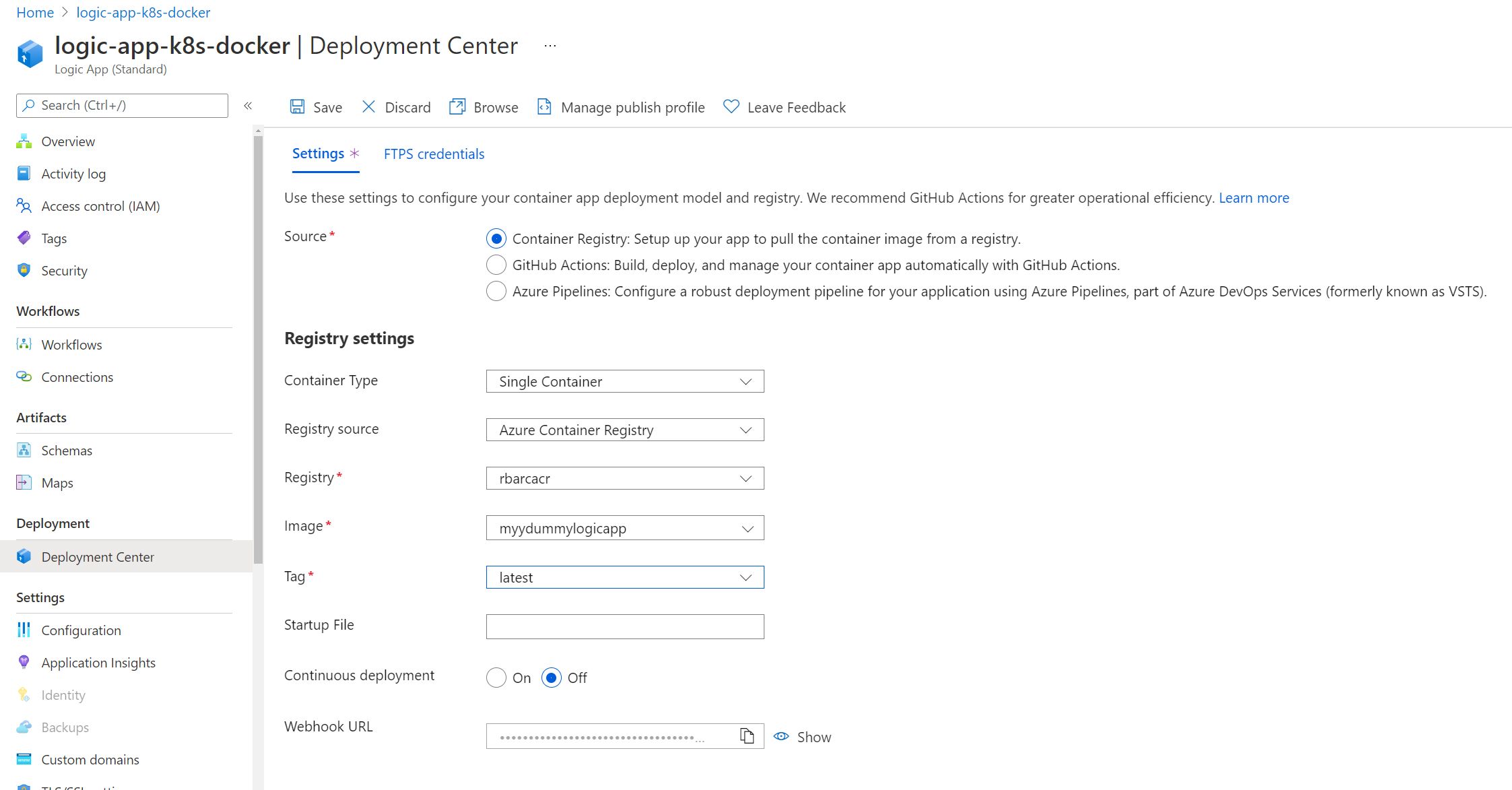 Screenshot showing the Deployment Center settings for the Docker-based Logic App