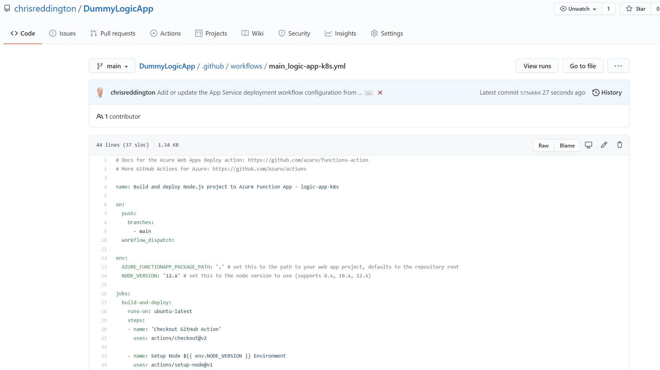 Screenshot showing the GitHub Action workflow file deployed to the repository on our behalf
