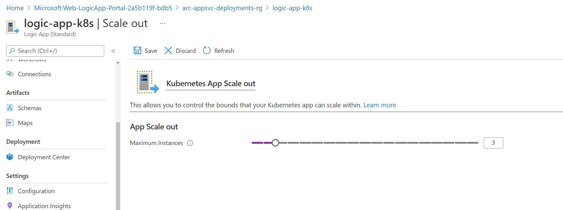 Screenshot showing the Scaling out Functionality for a Logic App hosted in App Service on Kubernetes through Azure Portal