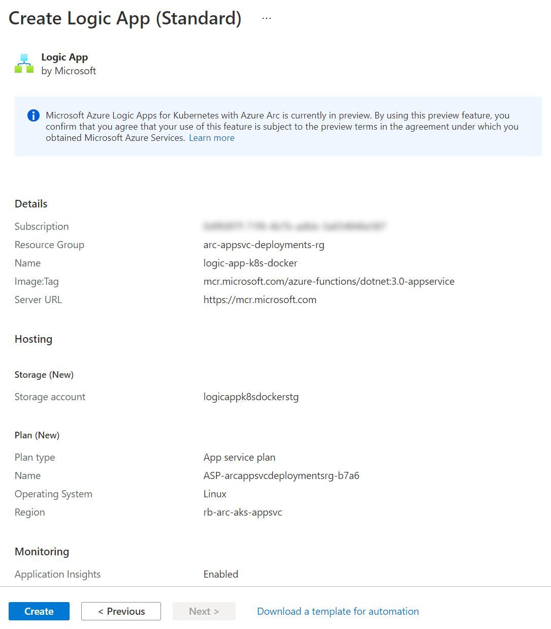 Screenshot showing the Logic App (Container) Create Final Page on Arc-Enabled Kubernetes Cluster through Azure Portal