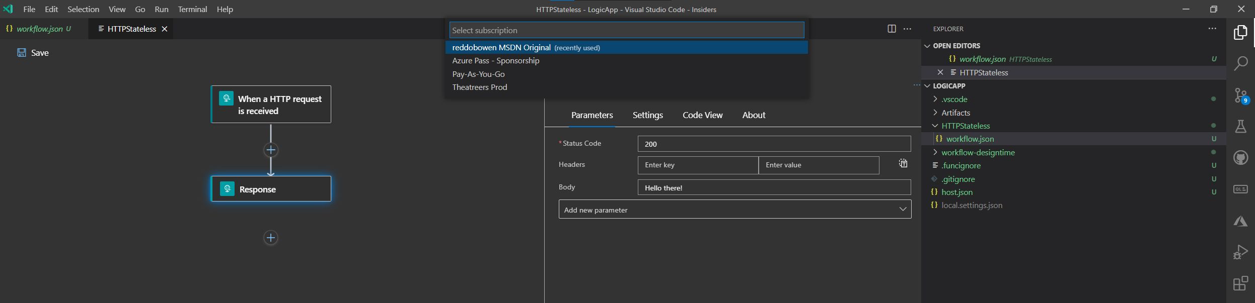 Screenshot showing the VSCode Logic App Designer mid-publishing step
