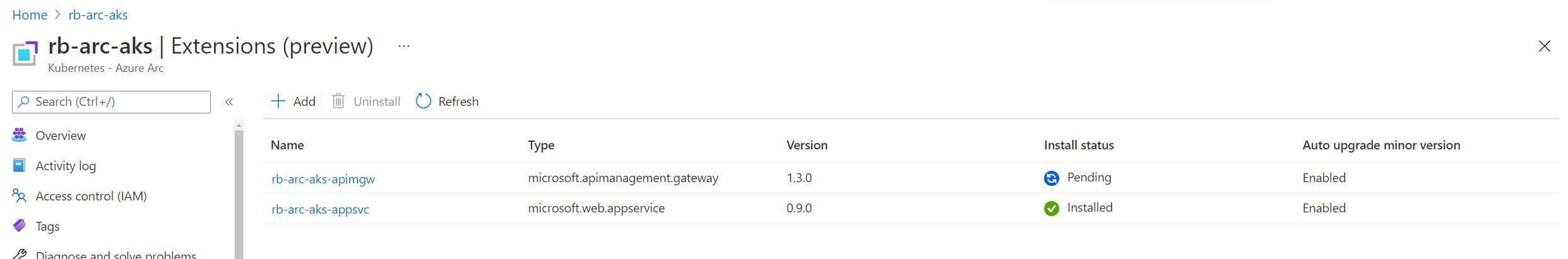 Screenshot showing the API Management Gateway Extension installing to the Azure Arc enabled Kubernetes Cluster