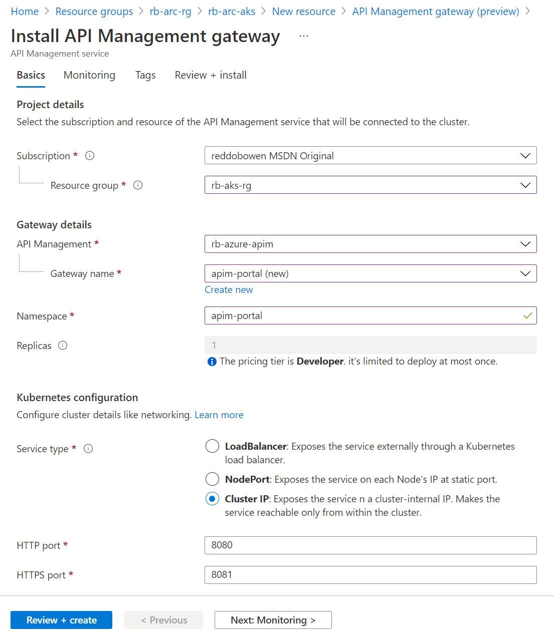 Screenshot showing the API Management Gateway Extension creation process through the Azure Portal