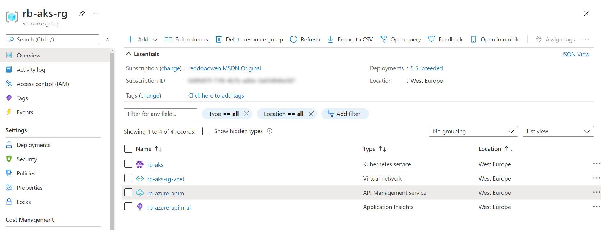 Screenshot showing the resources available in the Azure Portal, focusing on the API Management instance