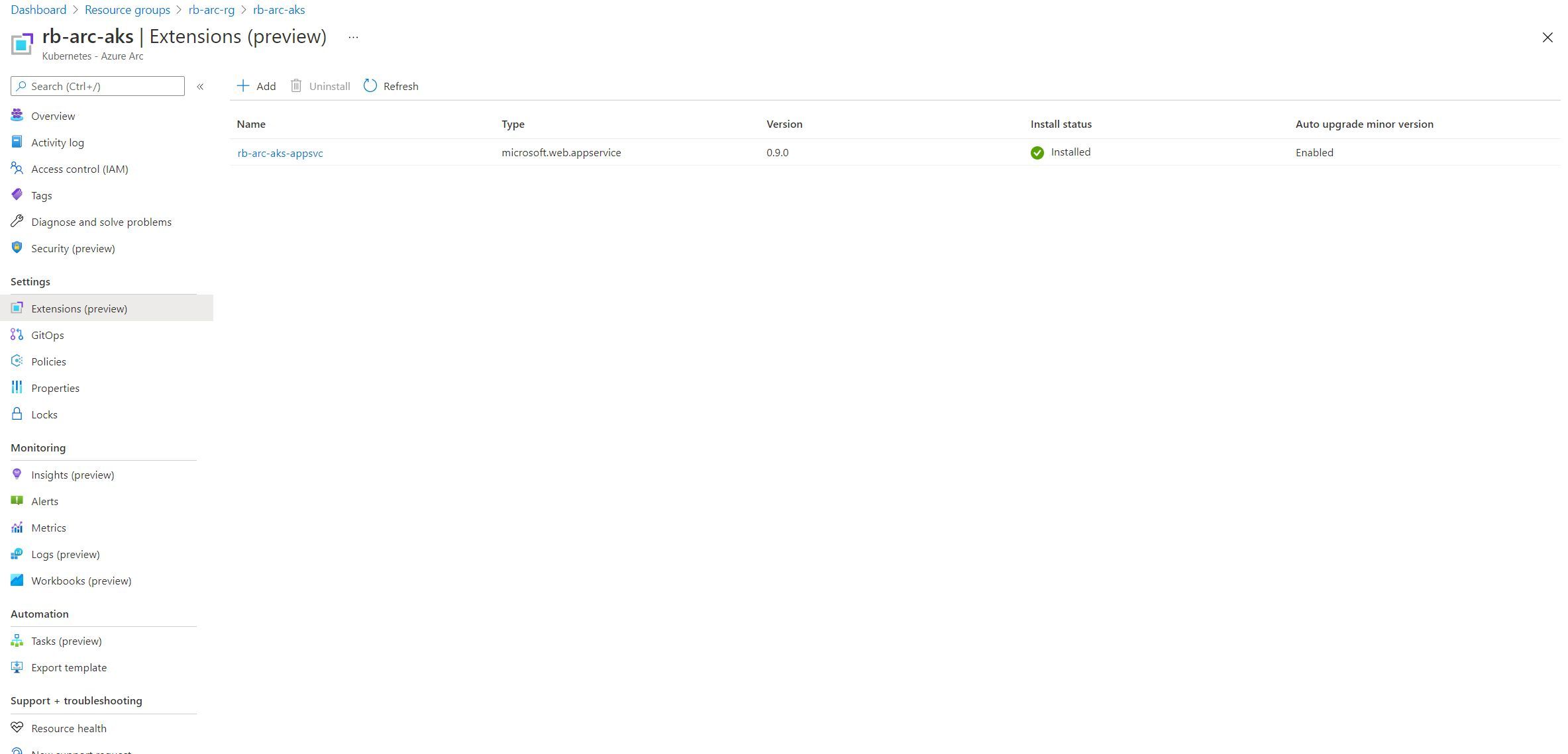 Screenshot showing the Azure Arc Extensions installed so far (Which displays the Application Services Extension)