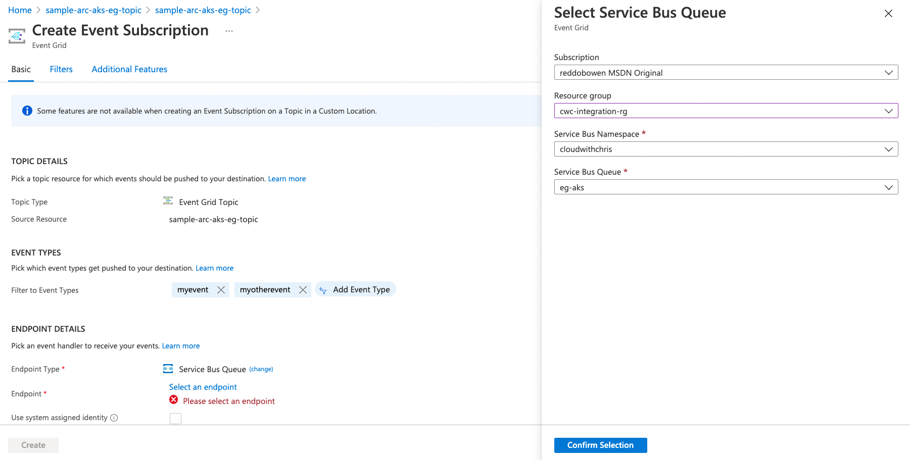 Screenshot showing the Select Service Bus Queue blade in the Create Event Subscription experinece
