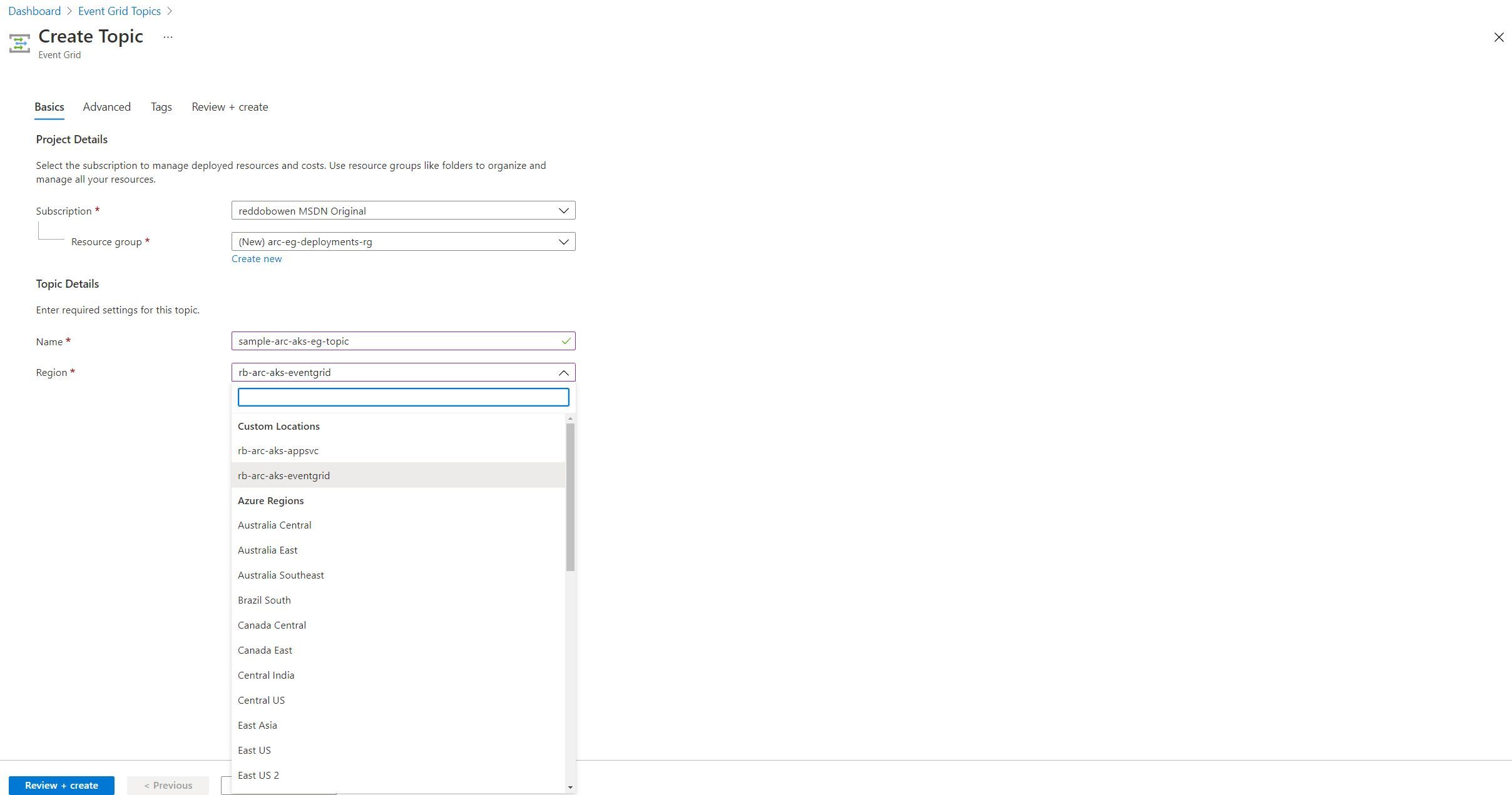 Screenshot showing the Azure Portal experience to create an Event Grid Topic, showing custom locations