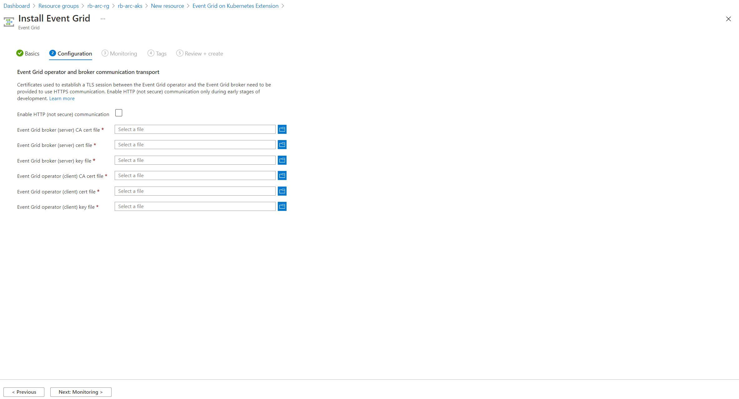 Screenshot showing the second stage of the Event Grid on Kubernetes Extension creation experience in the Azure Portal - Configuring either HTTP or HTTPS (This shows the options for HTTPS)