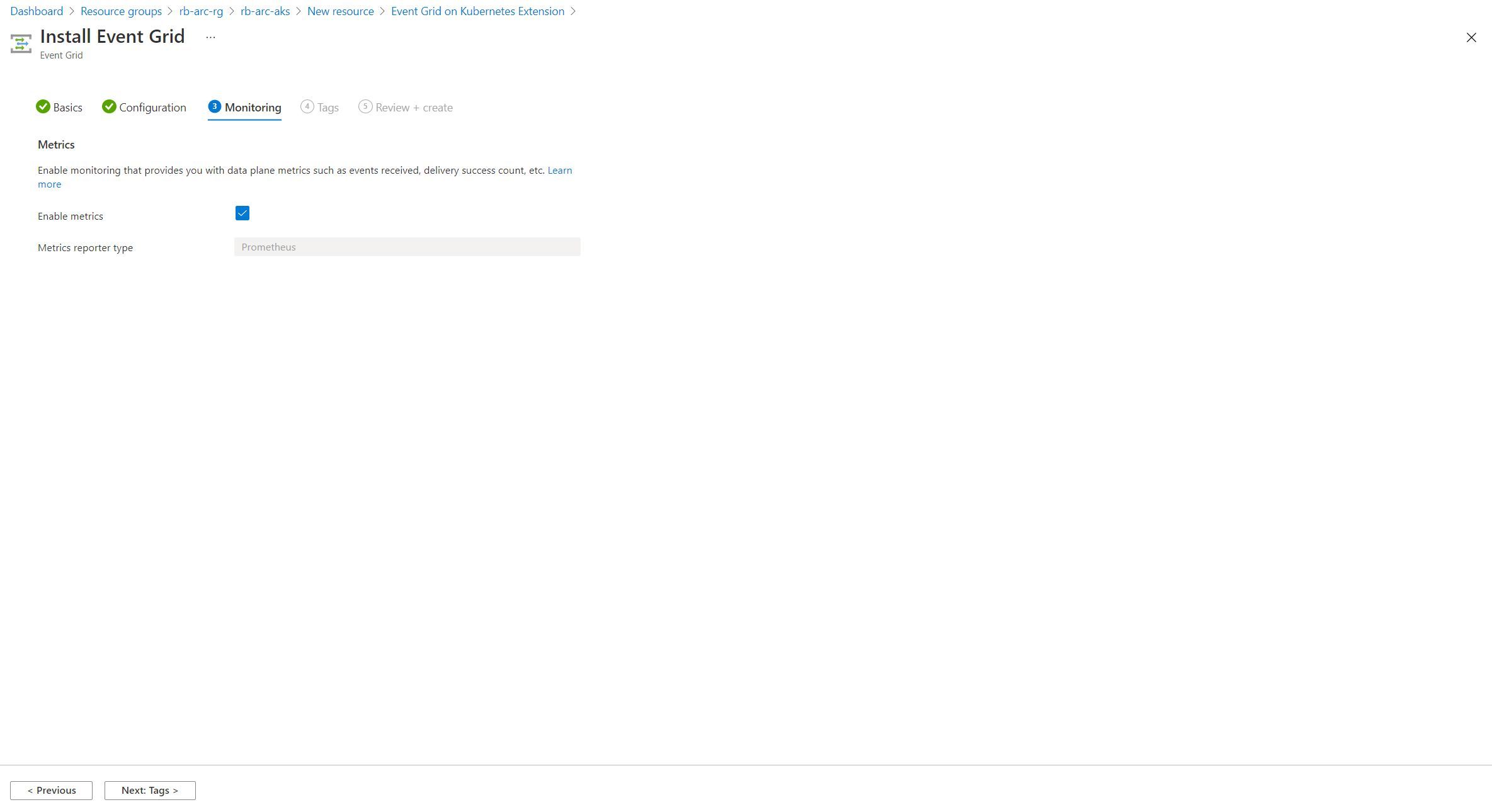 Screenshot showing the third stage of the Event Grid on Kubernetes Extension creation experience in the Azure Portal - Configuring monitoring)