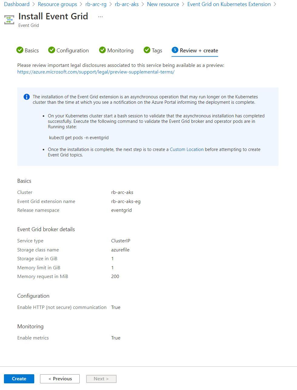 Screenshot showing the verification stage of the Event Grid on Kubernetes Extension creation experience in the Azure Portal