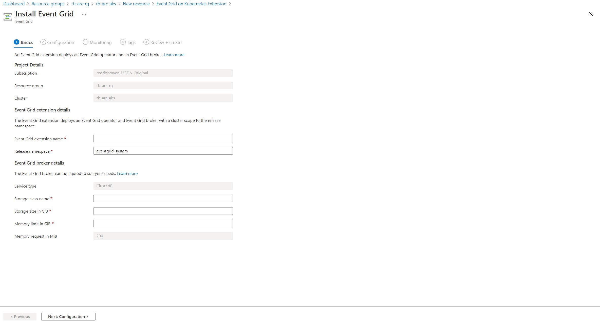 Screenshot showing the Event Grid on Kubernetes Extension creation experience in the Azure Portal
